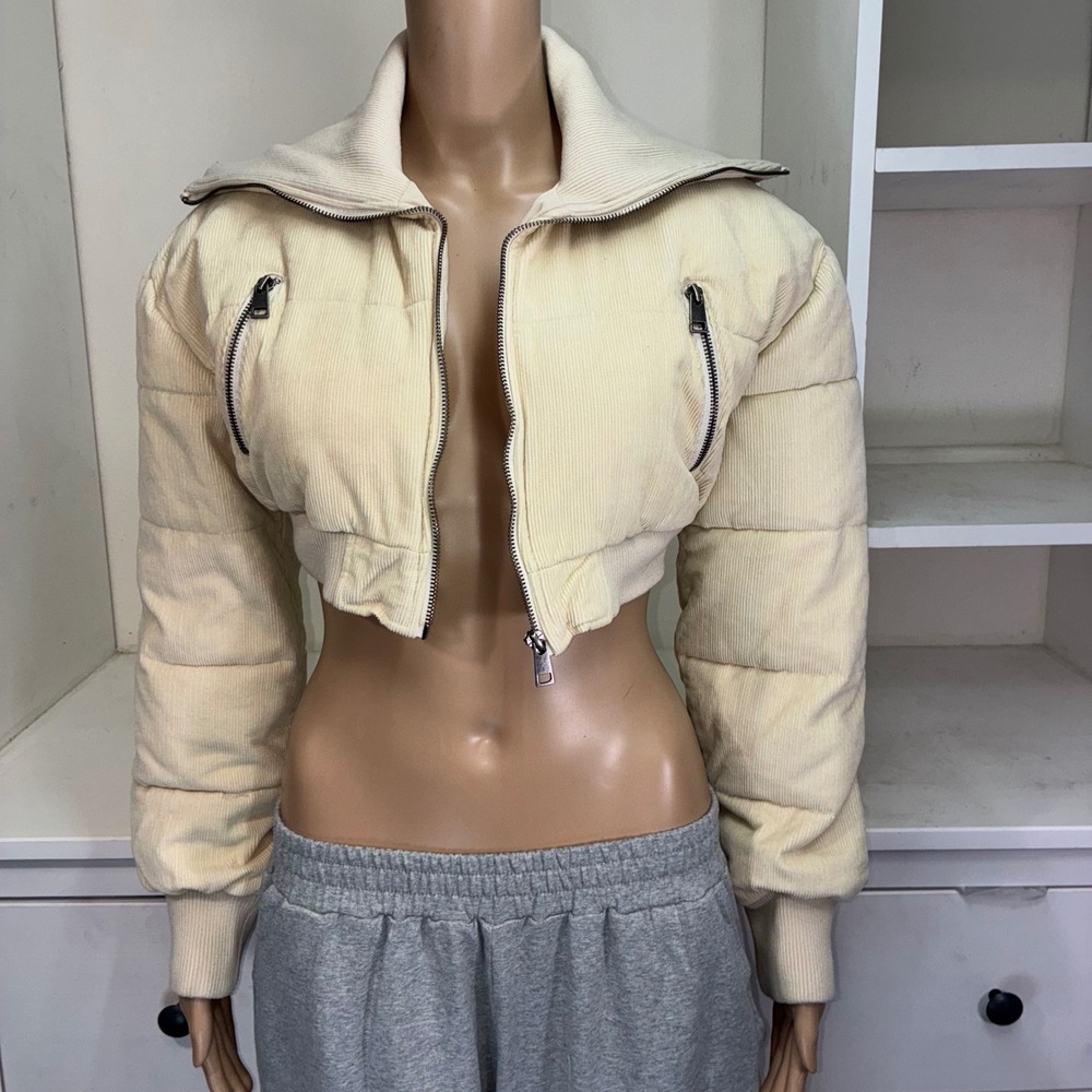 Urban Outfitters Cream Corduroy Cropped Puffer Jacket Full Zip Collar